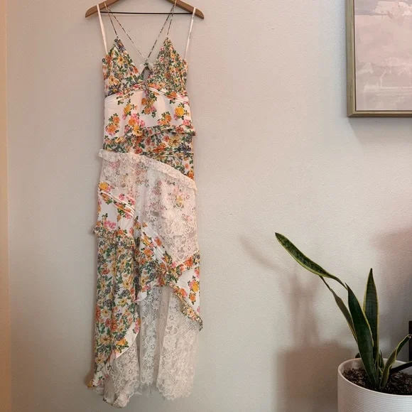 For Love And Lemons Floral The Rosalyn Maxi Marigold Green XL NEW